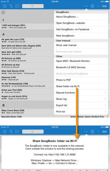 Compartilhamento de WLAN no SongBook+